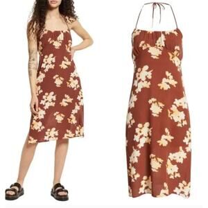 BP Nordstrom Halter Midi Dress In Brown Ivory Floral Size S Sundress Sleeveless